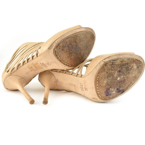 GUCCI Beige Leather & Logo Open-Toe Cage Heels - Picture 8 of 9